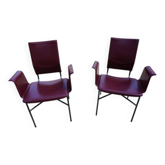 Ross Littell pour fauteuils Matteo Grassi en cuir Bordeaux et acier, ensemble de 2.