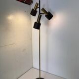 Lampadaire vintage moderniste marron et laiton à 3 spots, années 1960