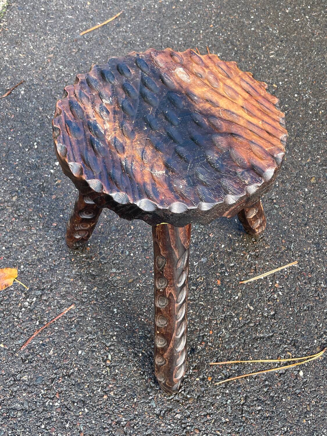 Brutalist low tripod wooden stool