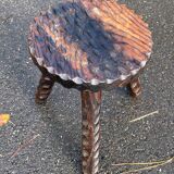 Brutalist low tripod wooden stool