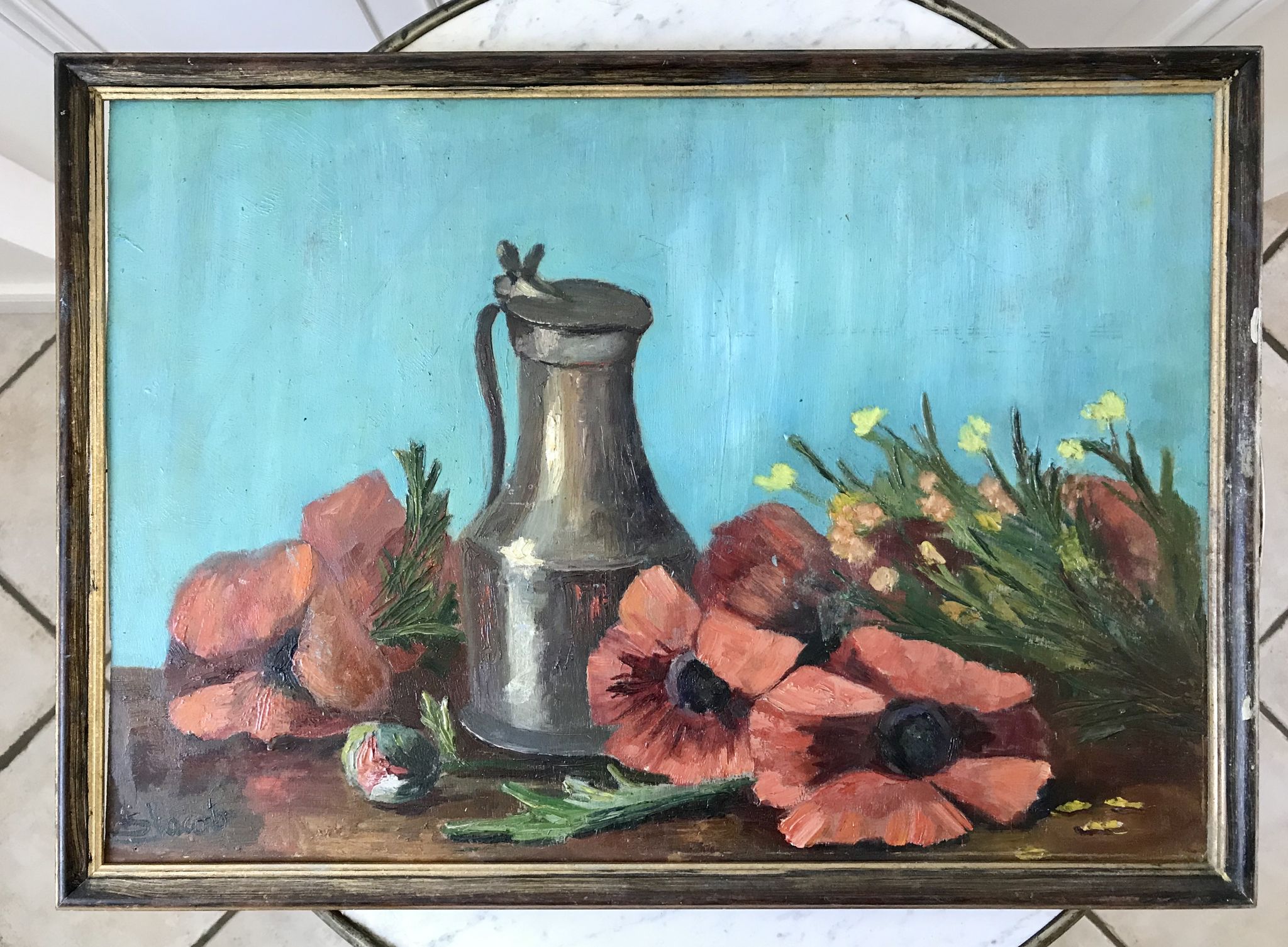 Old painting signed still life pitcher and poppies on vintage azure background