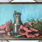 Old painting signed still life pitcher and poppies on vintage azure background