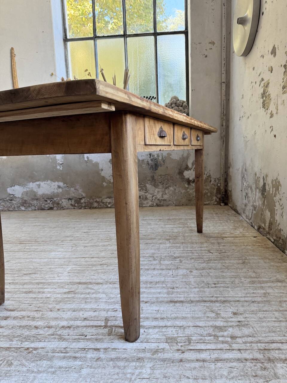 1950s pine and oak farmhouse table with multiple drawers