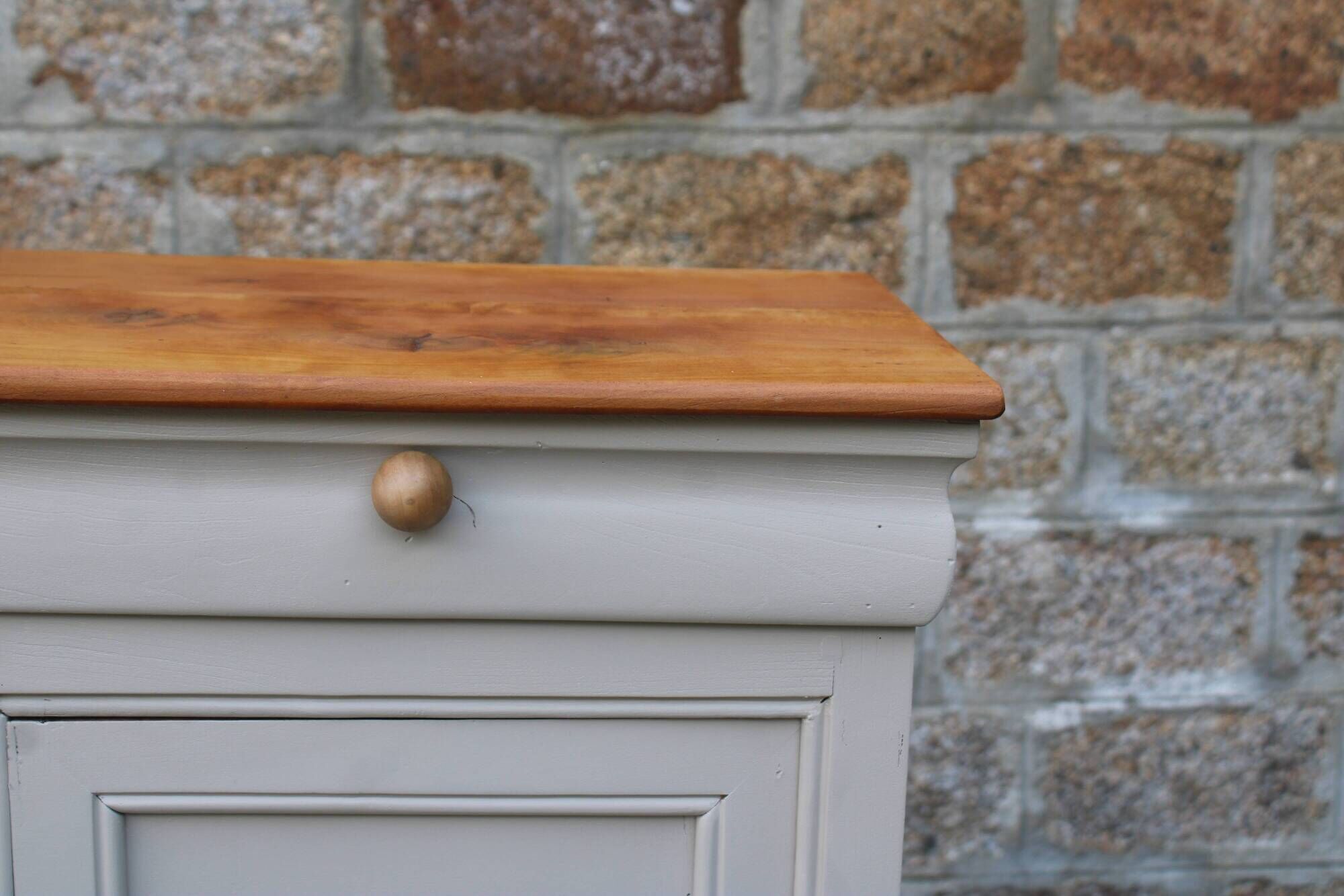 Renovated antique bedside table – Greige Galuchat, wooden top – houseboat style