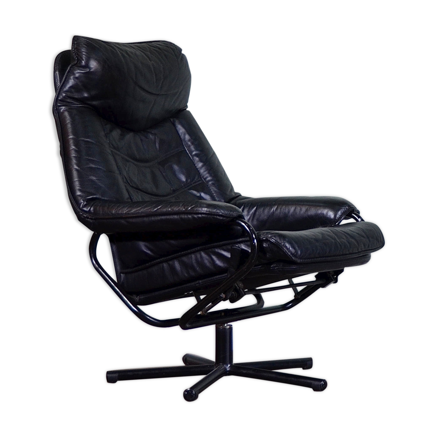 Norwegian Skoghaug industries vintage black leather swivel reclining chair