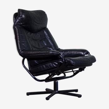 Norwegian Skoghaug industries vintage black leather swivel reclining chair