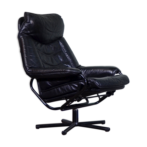 Norwegian Skoghaug Industries Vintage Black Leather Swivel Reclining Chair Selency Black Leather Swivel Reclining Chair, Vintage Recliner Chair Black