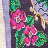 Boho chic Romanian carpet made by hand in wool, floral boho, lavender background with pink flowers 146x186cm