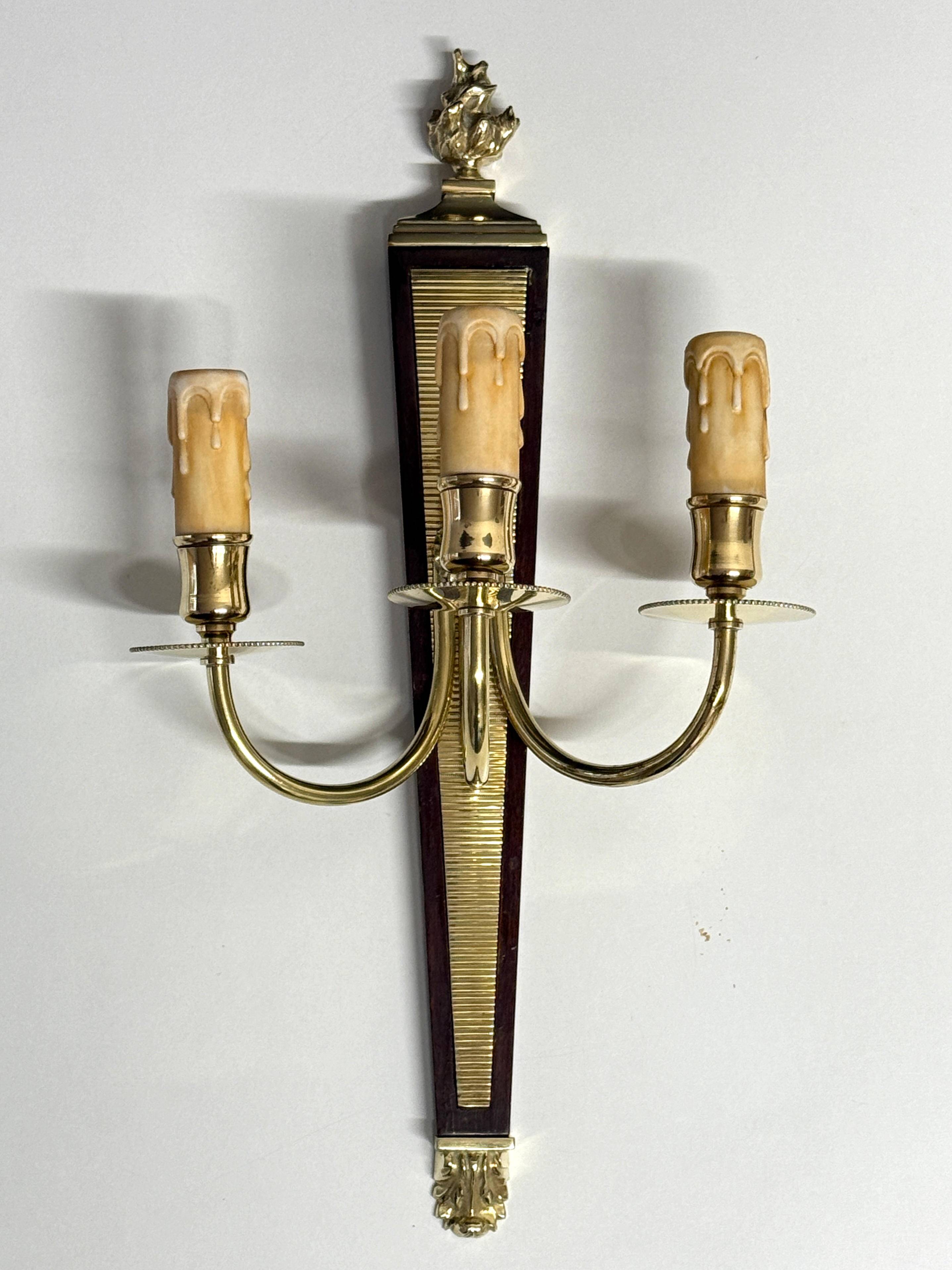 Antique Pair of 3-Light Wall Lights - Gilt Bronze and Mahogany - Neoclassical - 40's