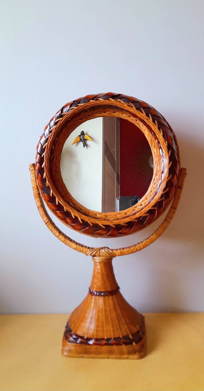 Woven wicker standing mirror
