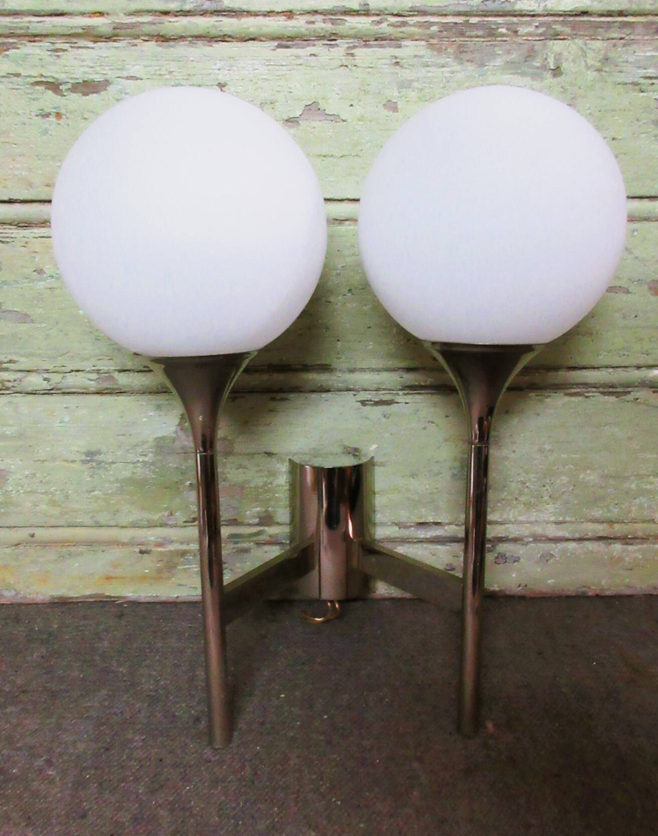 Sciolari double chrome wall light with white glass globe