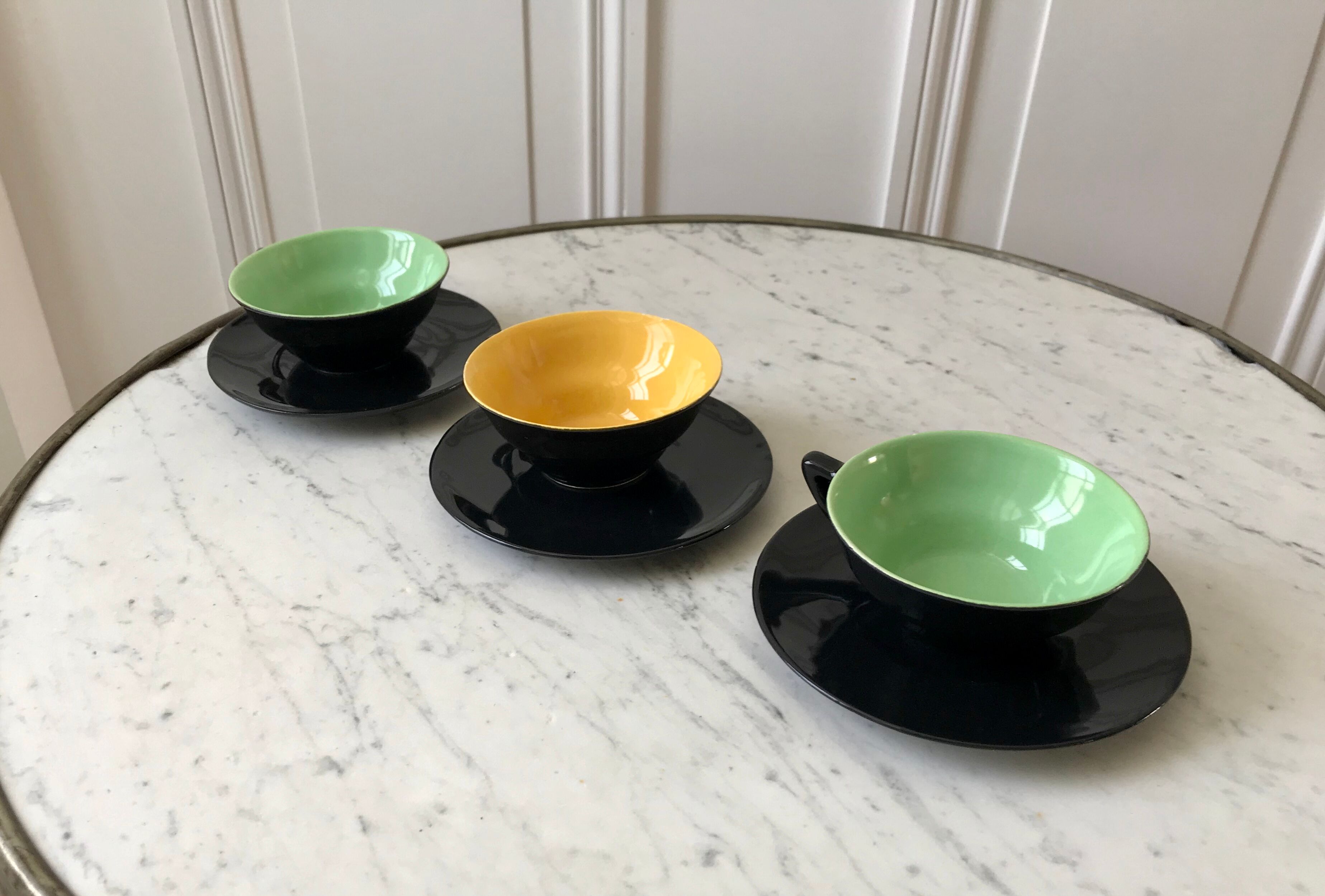 Set of 3 cups and saucers sage green and yellow 60s