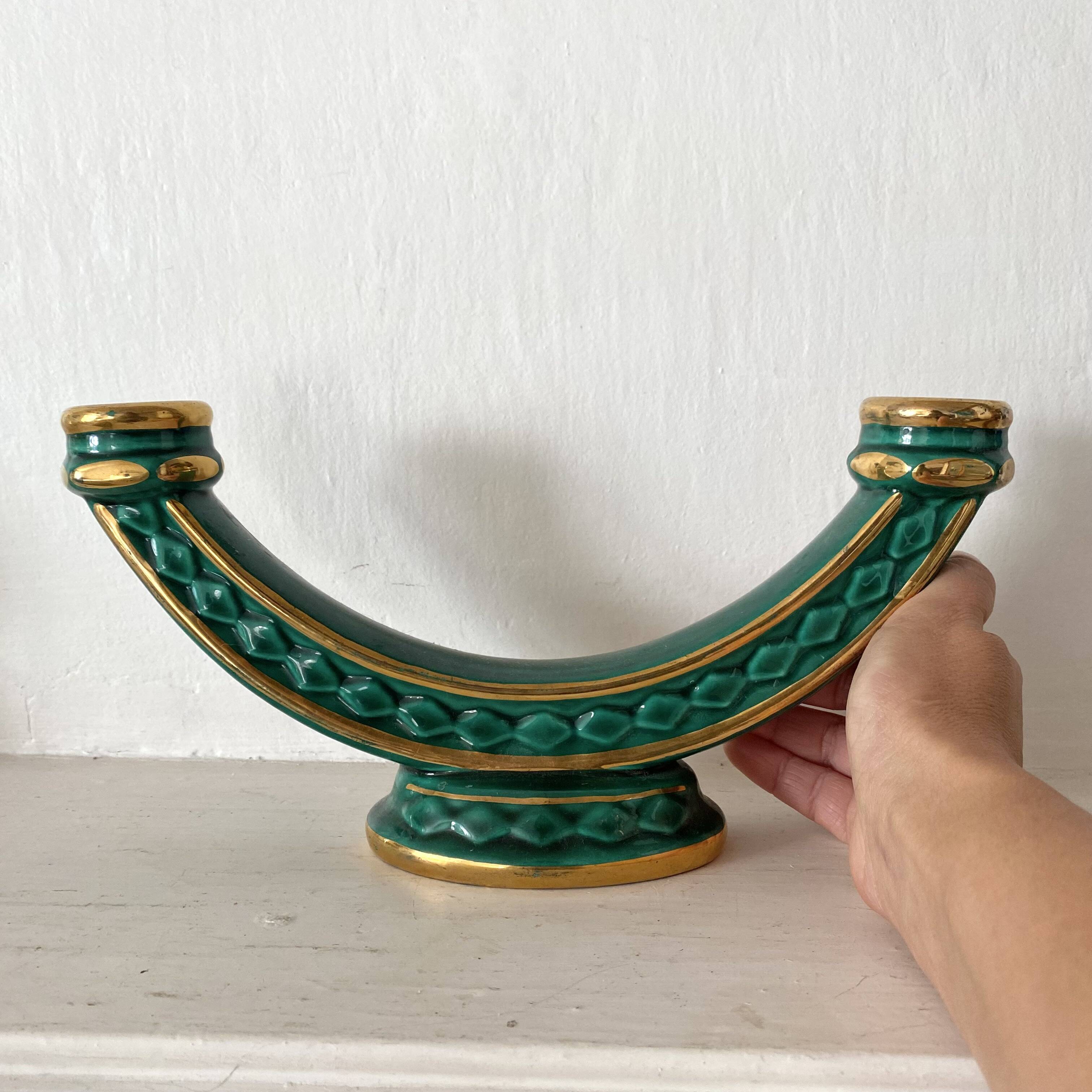 Bougeoir double art déco vert et or