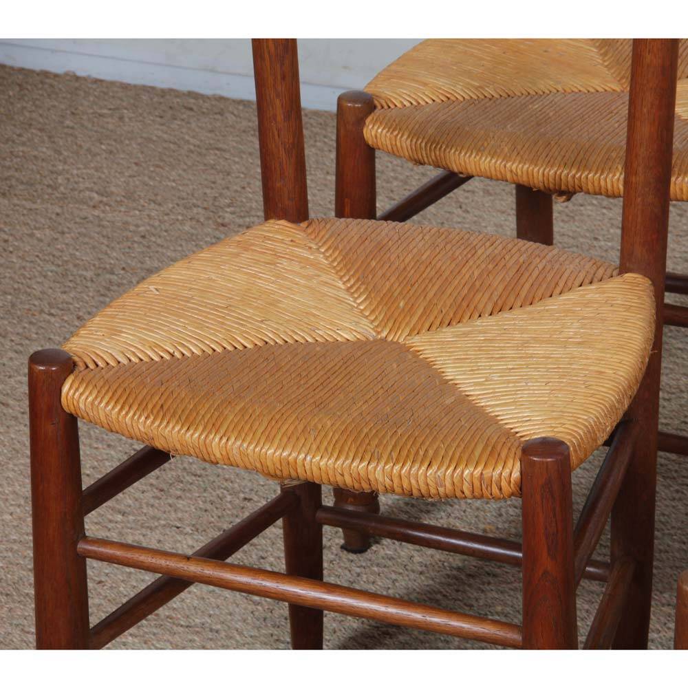 Set of 4 wooden chairs with rush seats, French work, 1950.