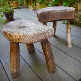 Pair of brutalist tripod stools in grayed pine. France, 1950s