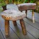 Pair of brutalist tripod stools in grayed pine. France, 1950s
