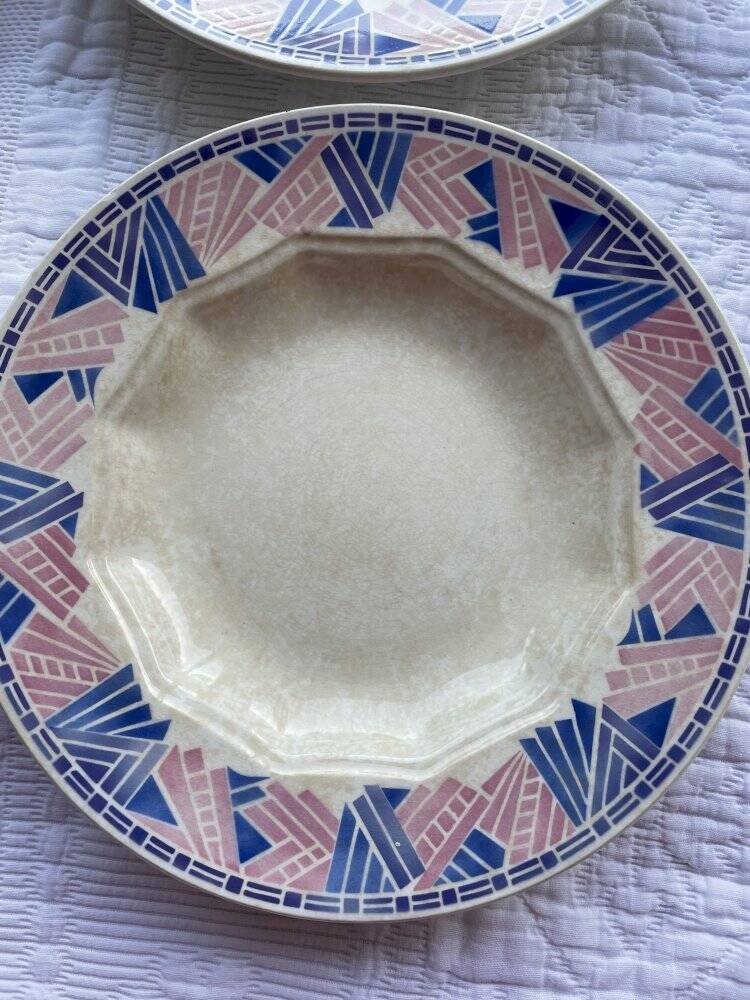 4 assiettes creuses HBCM Dolly 1930 bleu/rose céramique/faïence abstrait