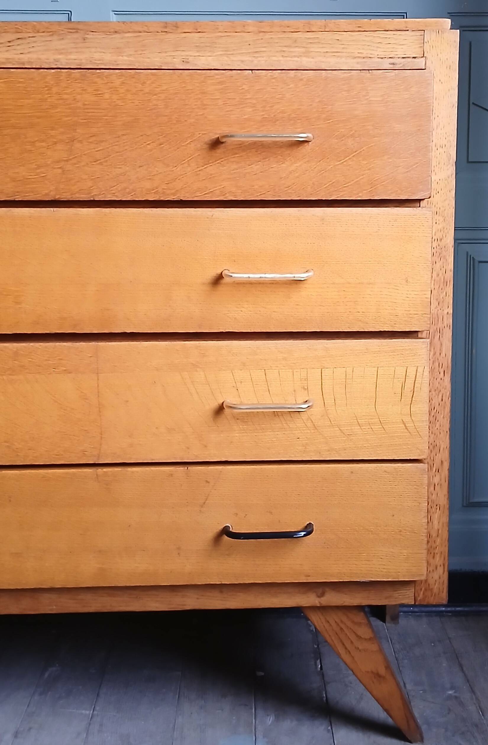 Commode pieds compas chêne blond 1950