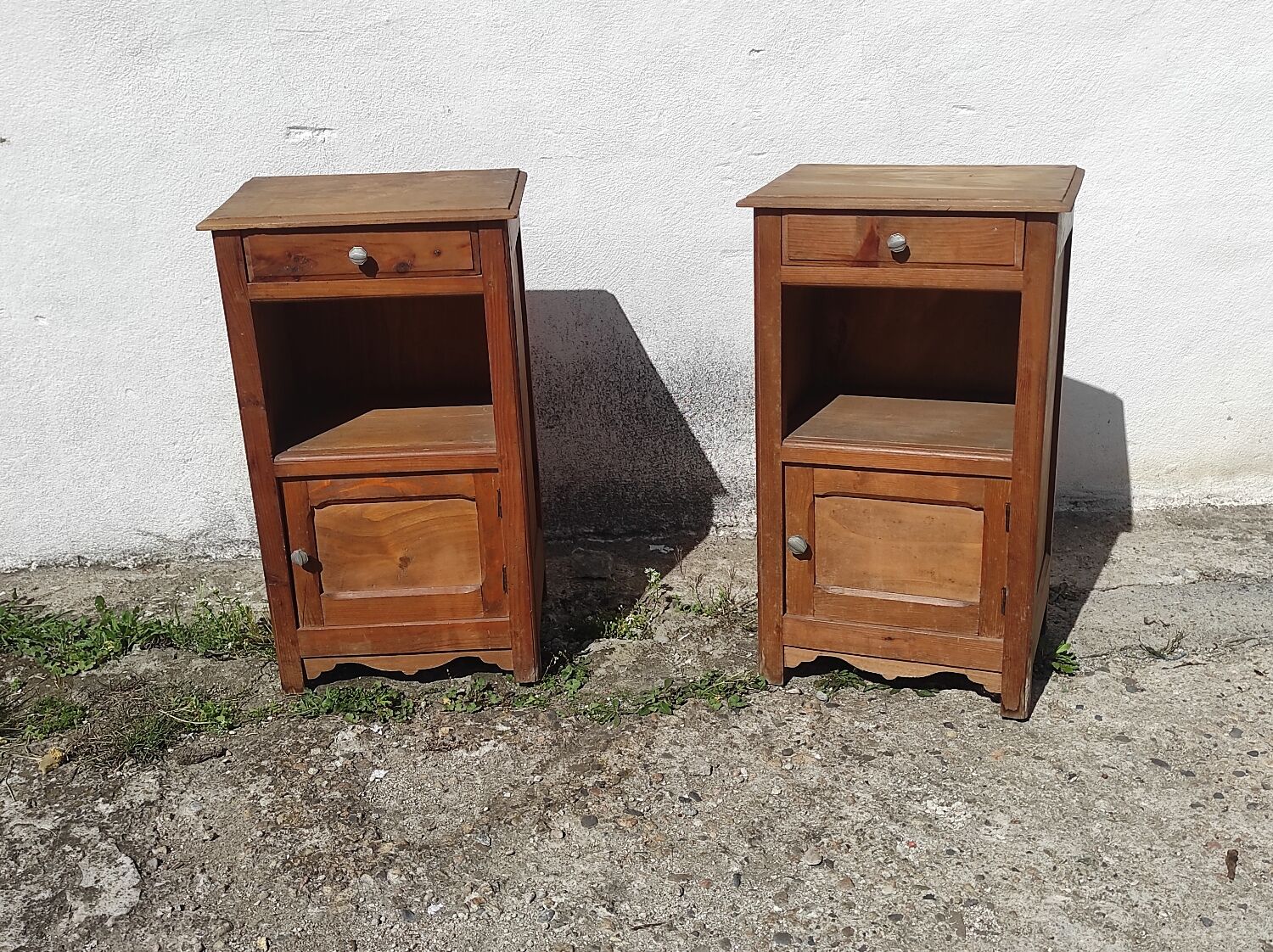 Pair of bedside tables sideboards one door one drawer in rustic fir art deco