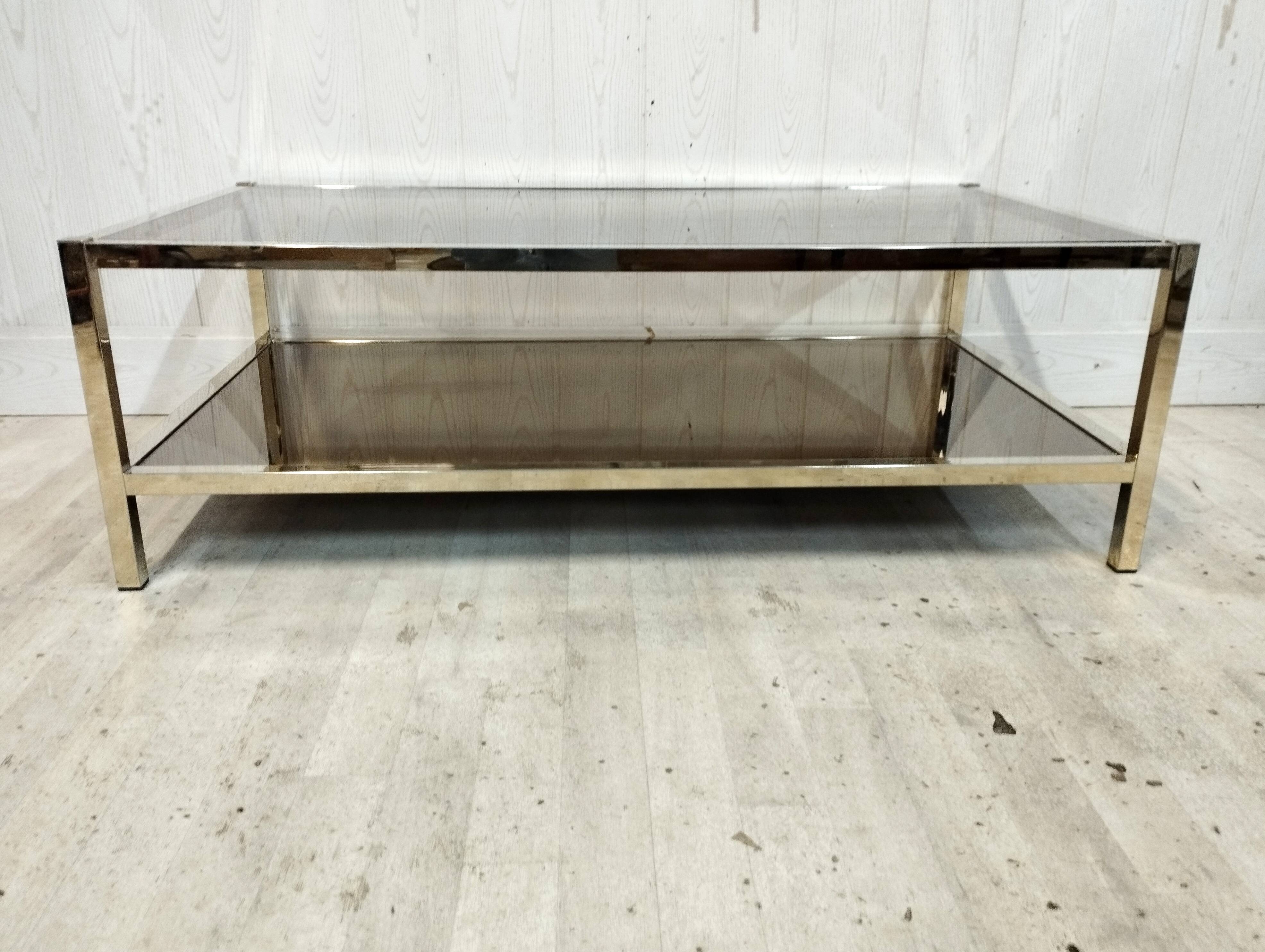 Vintage brass coffee table, mirror and smoked glass