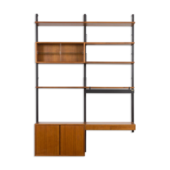 Poul Cadovius, home office wall unit in walnut with two cabinets, a desk, and a lamp, Denmark 1960s