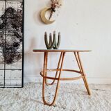 Vintage rattan coffee table round blue top