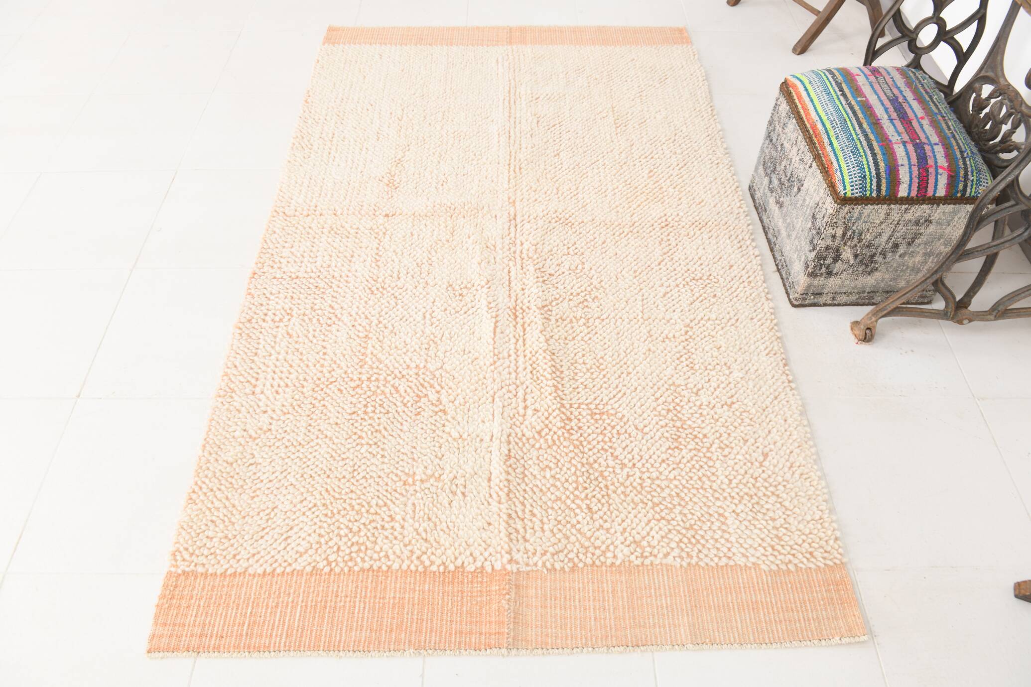 4x7 Salmon Beige Handmade Turkish Vintage Rug