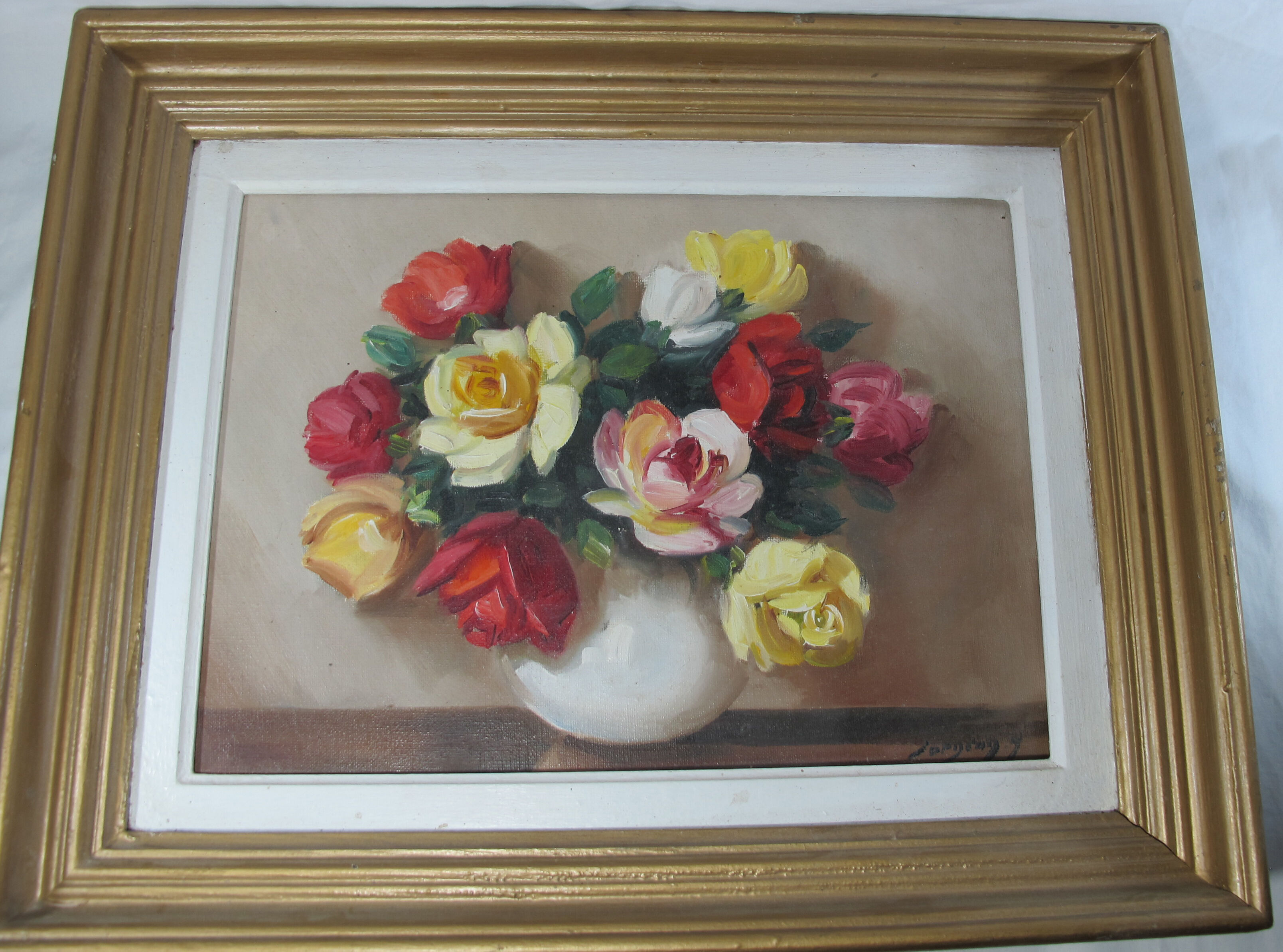 Oil on canvas still life vase bouquet of flowers signed