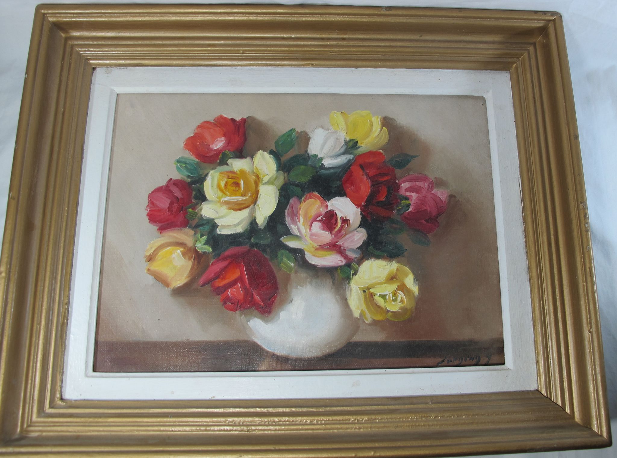 Oil on canvas still life vase bouquet of flowers signed