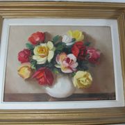 Oil on canvas still life vase bouquet of flowers signed