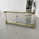 Table basse lucite, laiton et verre années 70