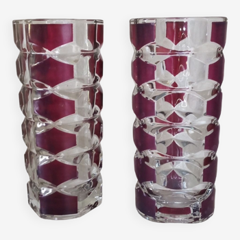Pair of red and transparent triangular vases in vintage glass