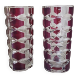 Pair of red and transparent triangular vases in vintage glass