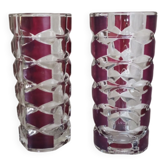 Pair of red and transparent triangular vases in vintage glass