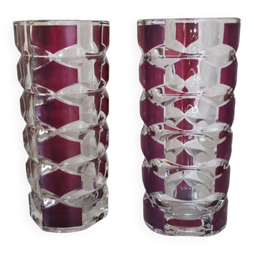 Pair of red and transparent triangular vases in vintage glass