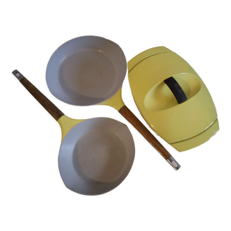 The Creuset cocotte Raymond Loewy enamelled yellow and 2 pans