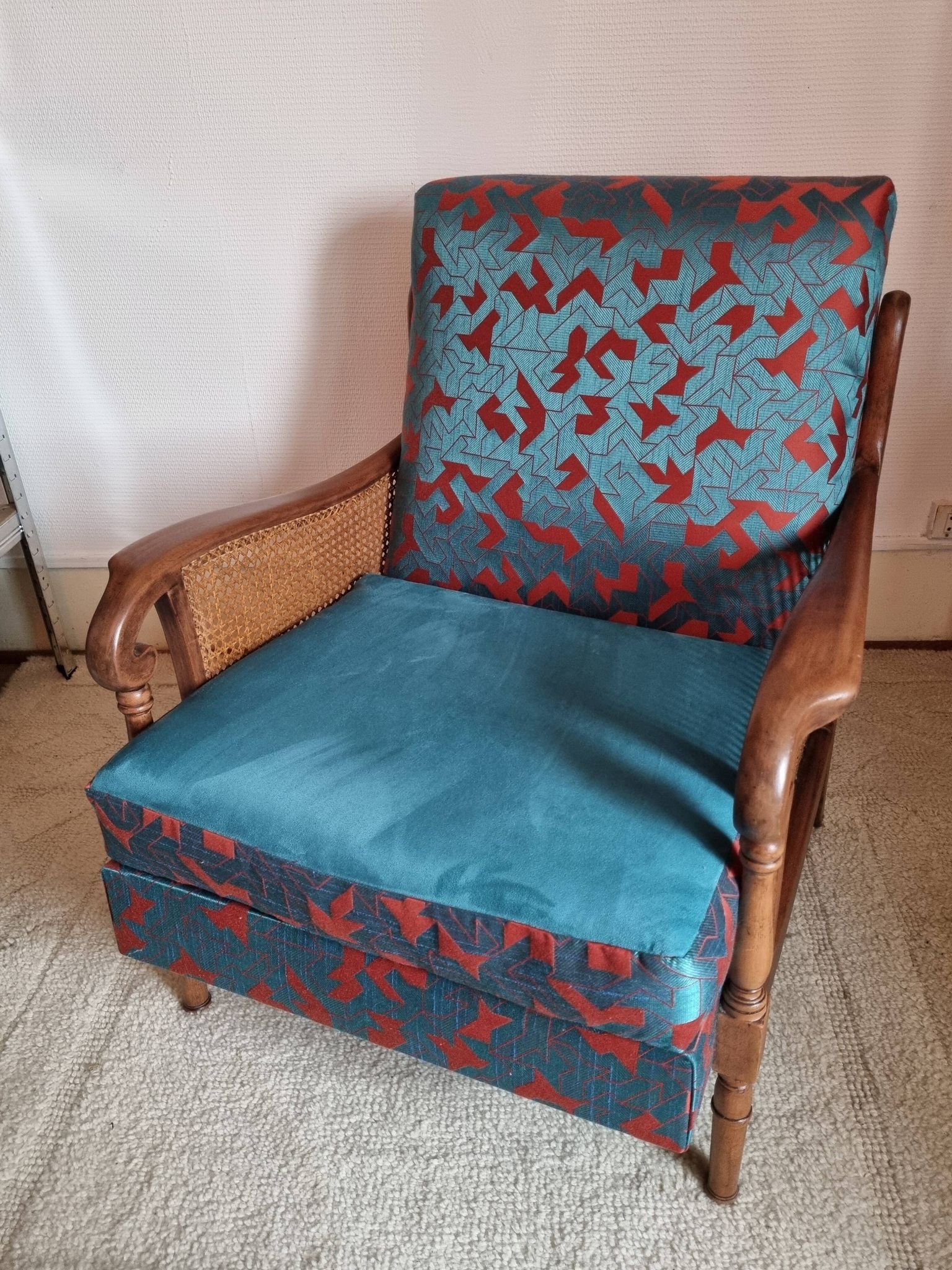 Bridge armchair in wood and cane from the 1950s.