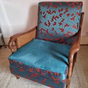 Bridge armchair in wood and cane from the 1950s.