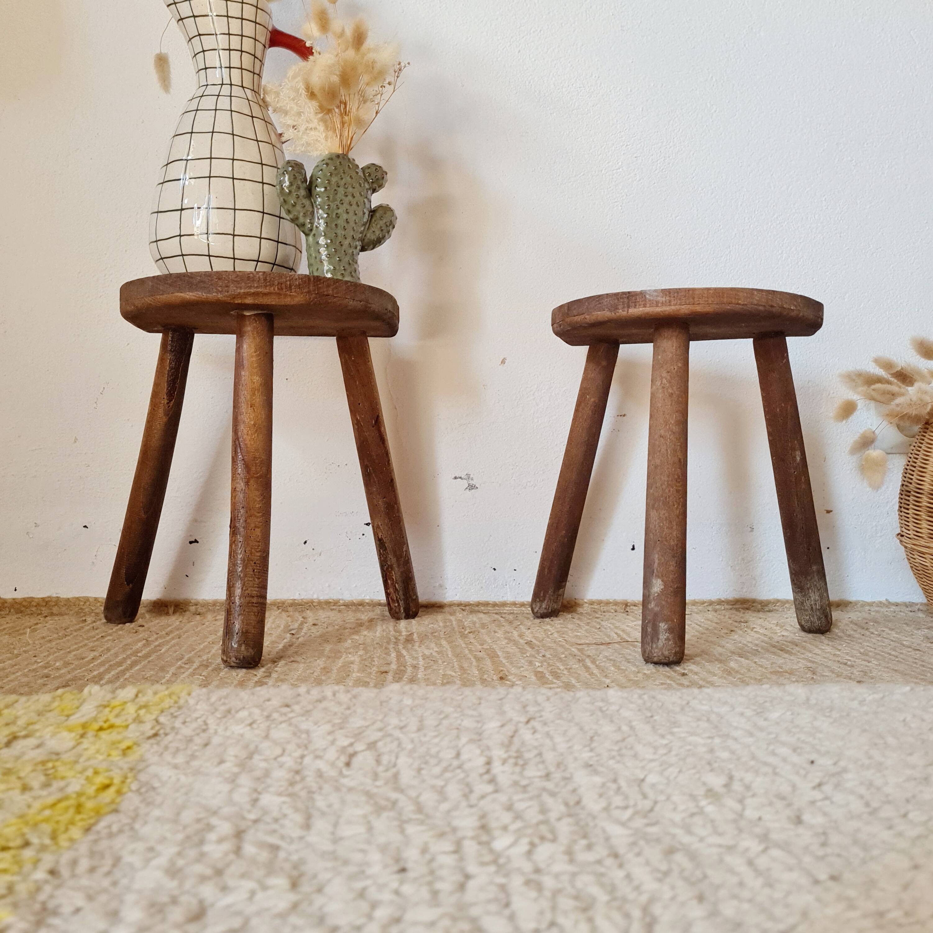 Pair of tripod wooden stools - brutalist look