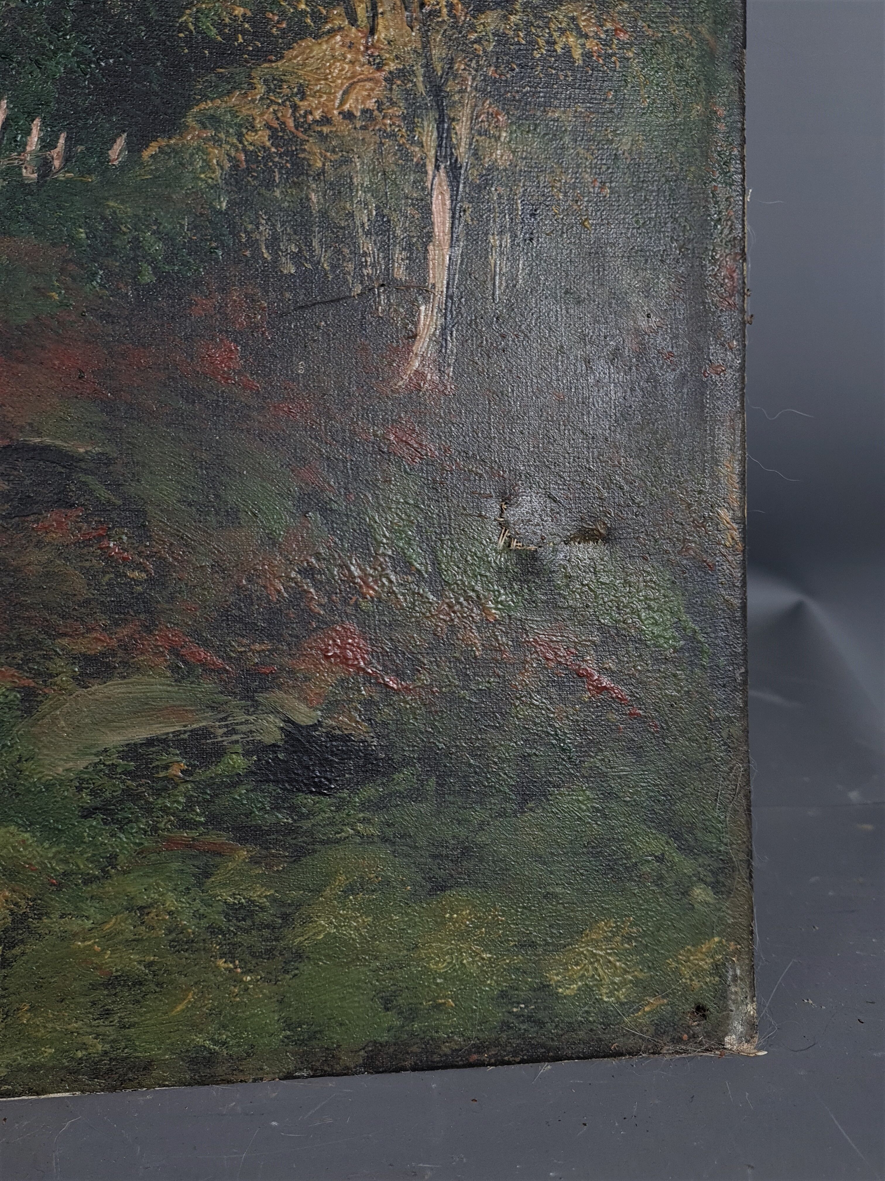 Old oil on canvas animated forest landscape 55x46 cm vintage 50s