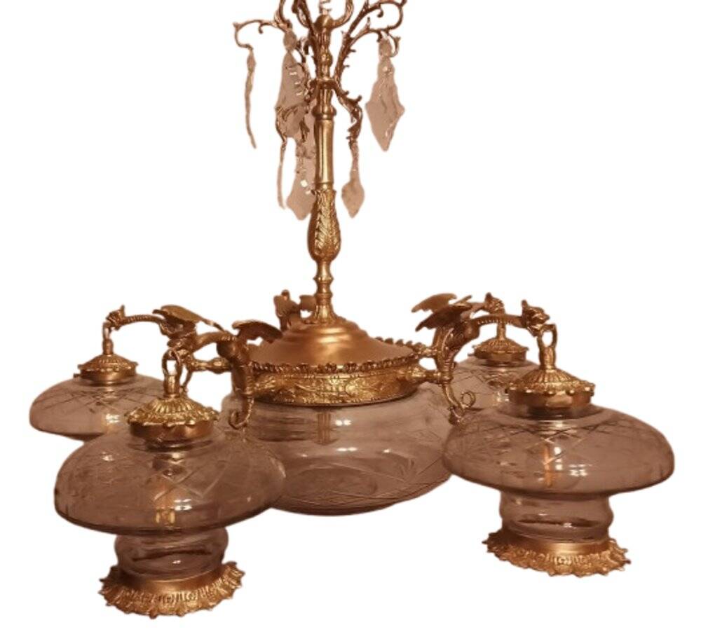 Large Gothic brass chandelier with 6 lights, 1940s.