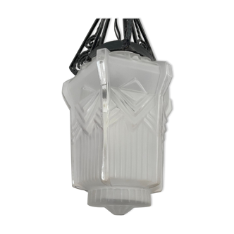 Vintage wrought iron and pressed moulded glass suspension, Art Nouveau.