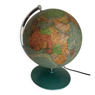 Vintage 1960s Perrina glass globe, green lacquered, world map - 33 cm
