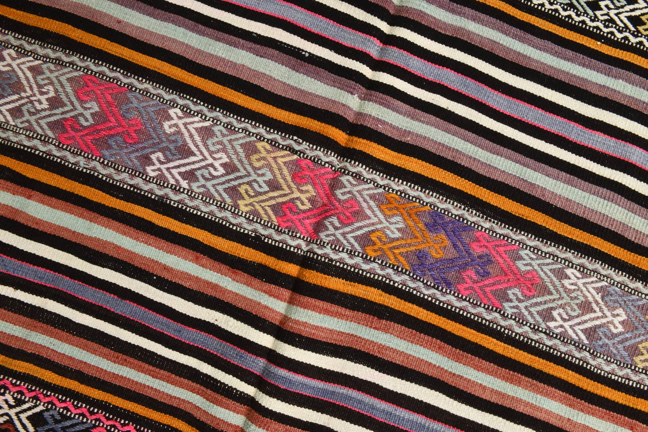 5x8 Kilim Colorful Striped Vintage Wool Kilim Rug, 160x232 Cm