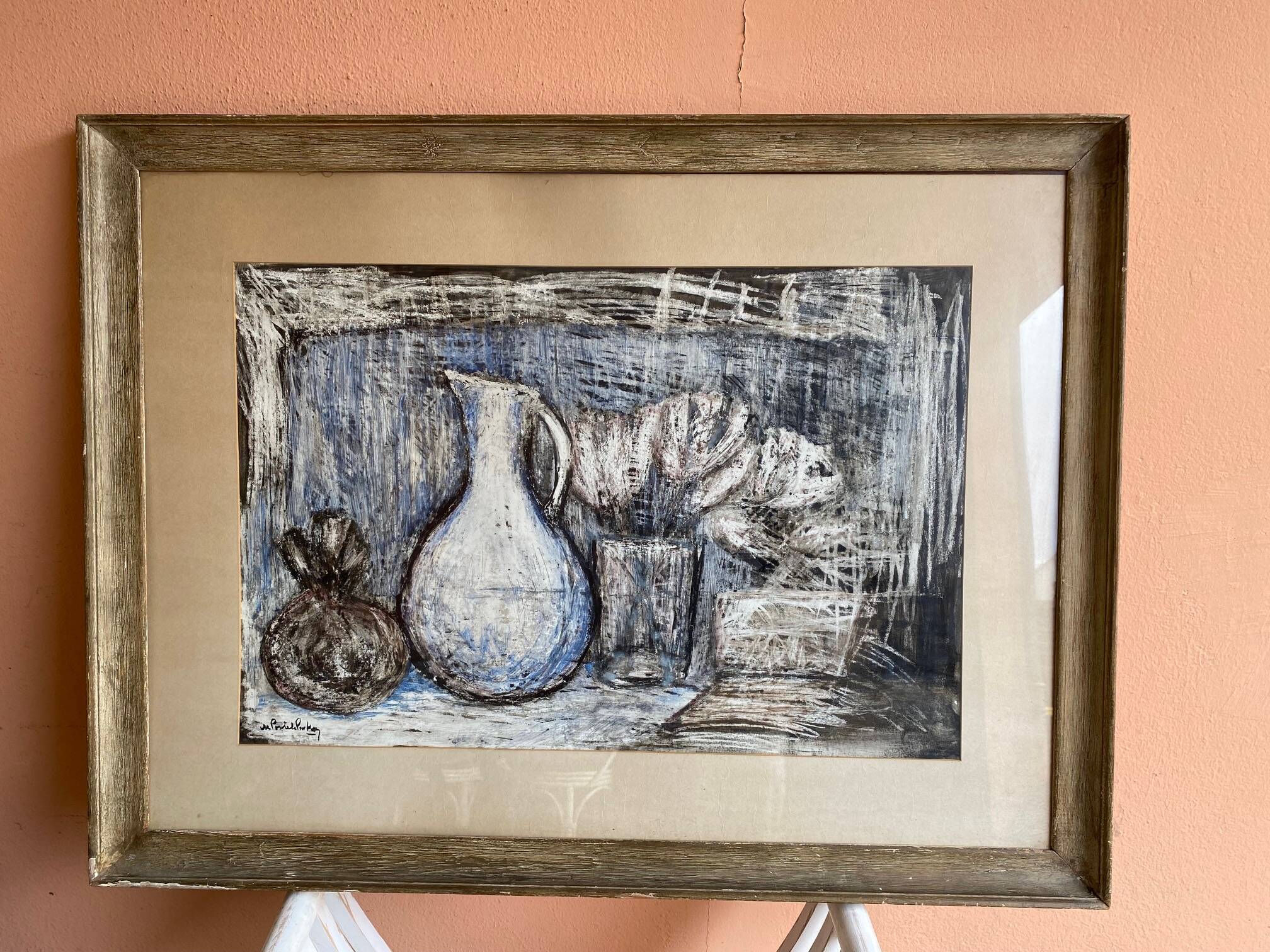 Still life modern gouache painting on paper signed and framed