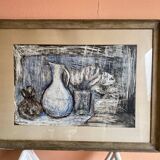 Still life modern gouache painting on paper signed and framed