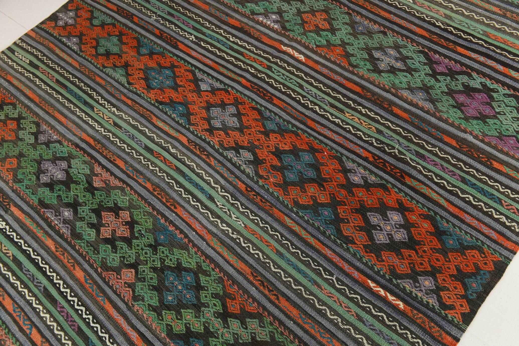 6x9 Blue & Green Striped Kilim Rug, 180x271Cm