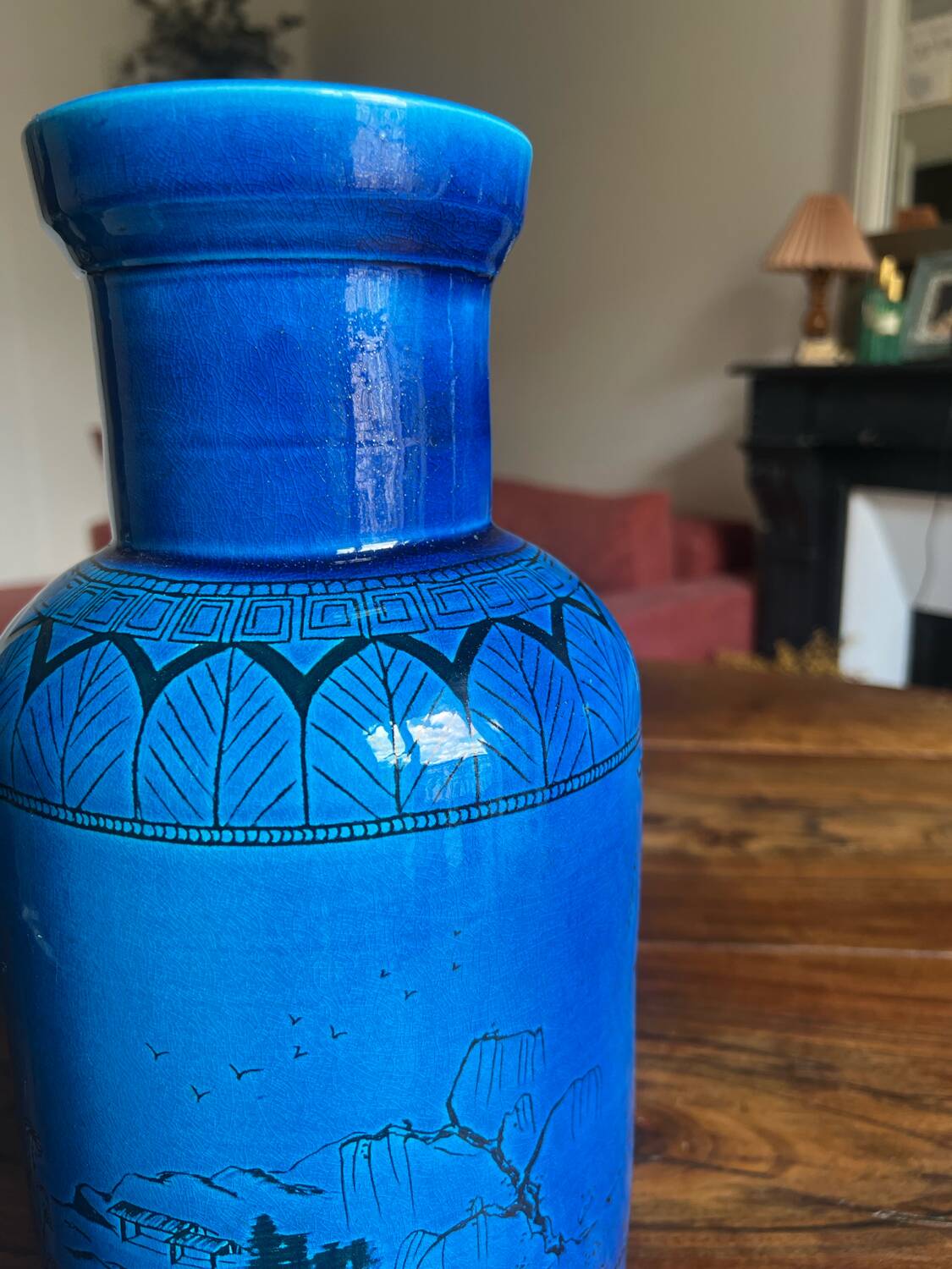 Large blue ceramic vase with Chinese motifs