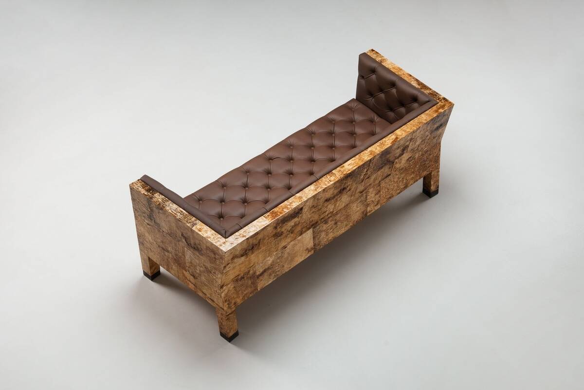 Werner Neumann sculptural birchwood sofa in birch bark and leather, The Netherlands