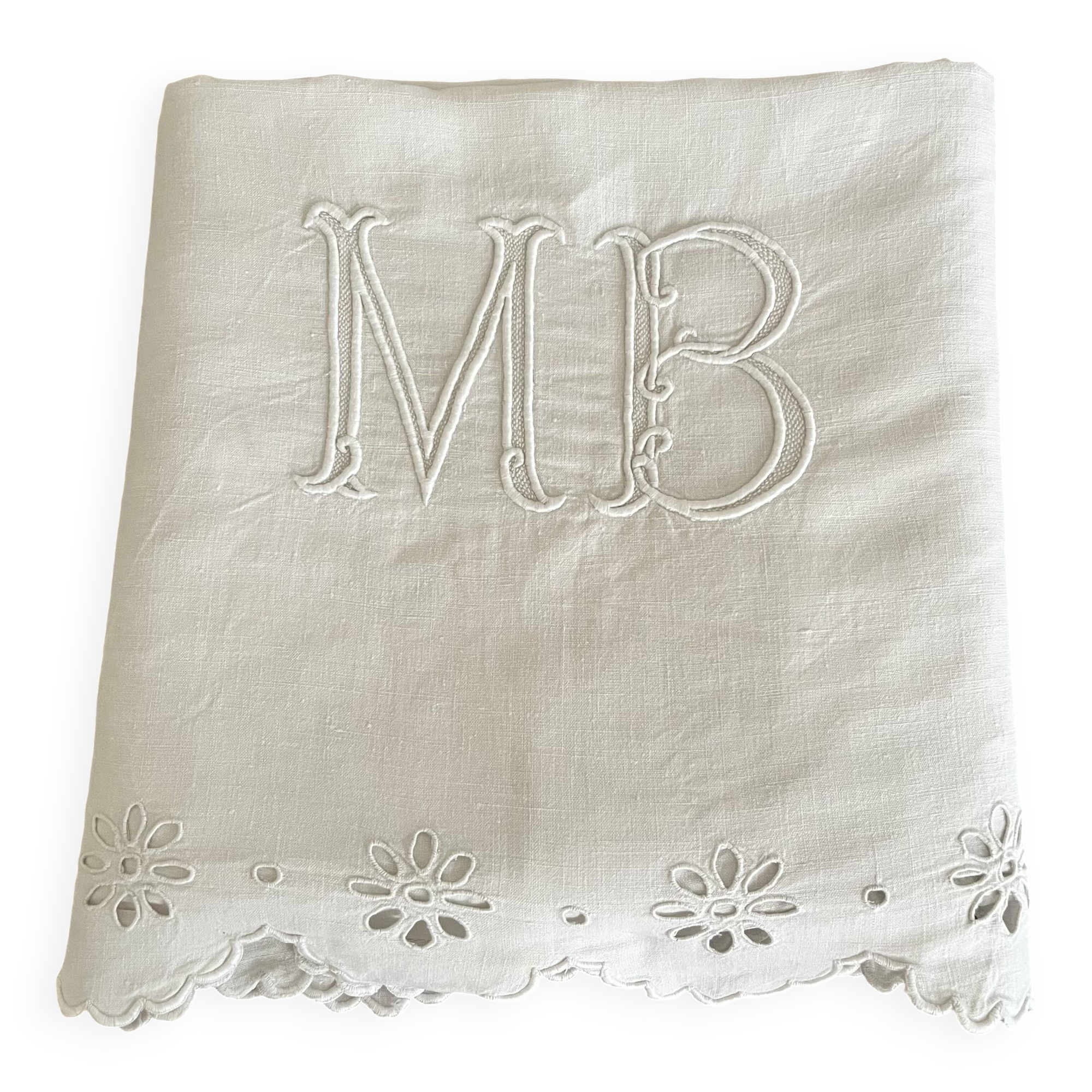 Antique linen, embroidered sheet with monogram (model 1)